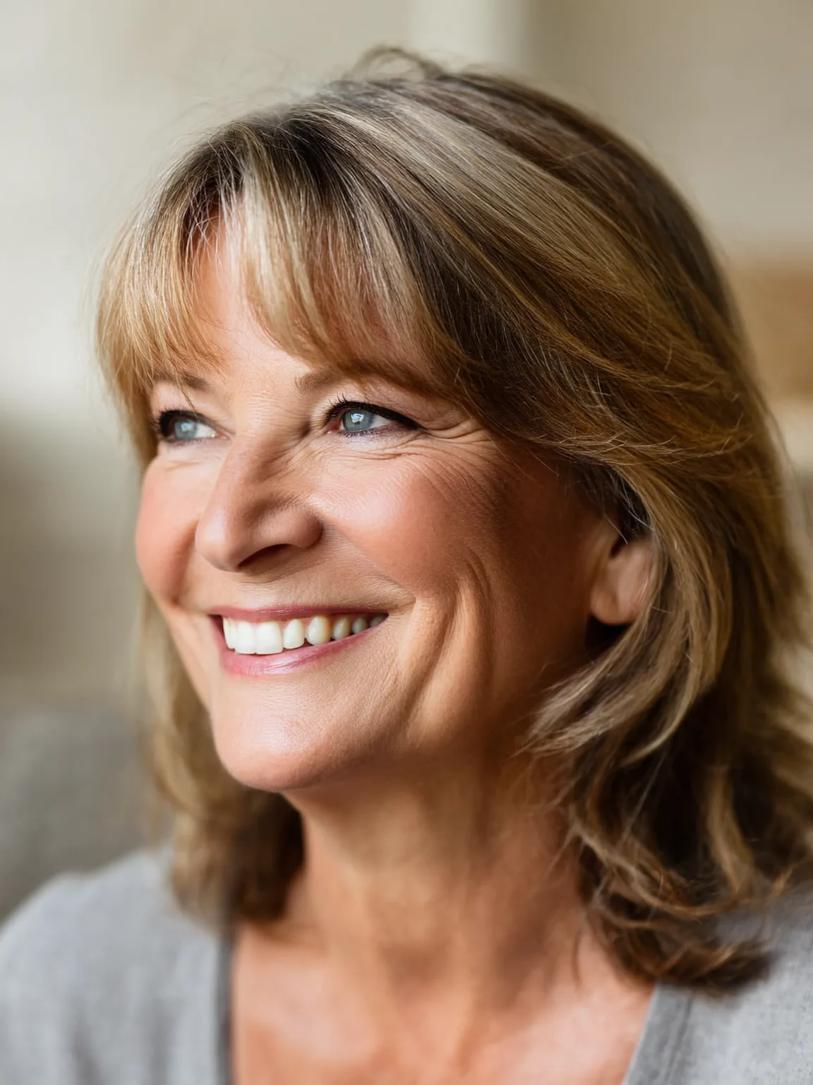 Shoulder-Length Wavy Layered Bob with Wispy Bangs